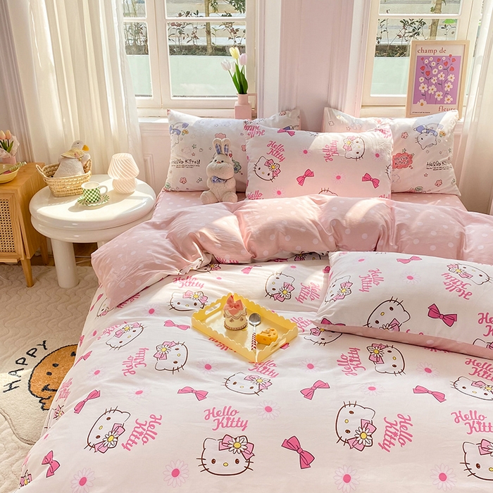 91家纺网 家纺一手货源 找家纺 玉元坊 2025年5月新品三丽鸥全棉床单纯棉床裙床笠三四件套简约基础款式-凯蒂猫简约款式 雏菊kt【简约款】