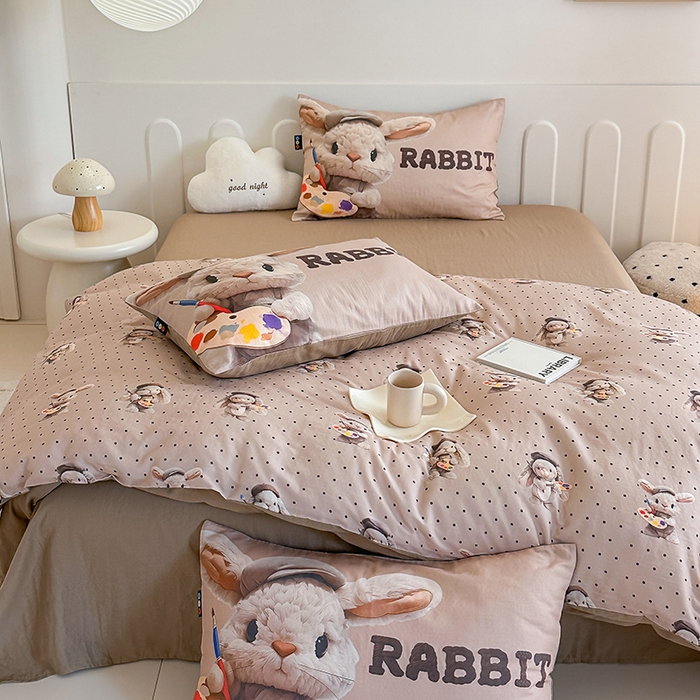 91家纺网 家纺一手货源 找家纺 RYB红黄兰 2025新款ins卡通5D立体数码全棉纯棉有氧双层纱四件套系列 巧克力兔兔