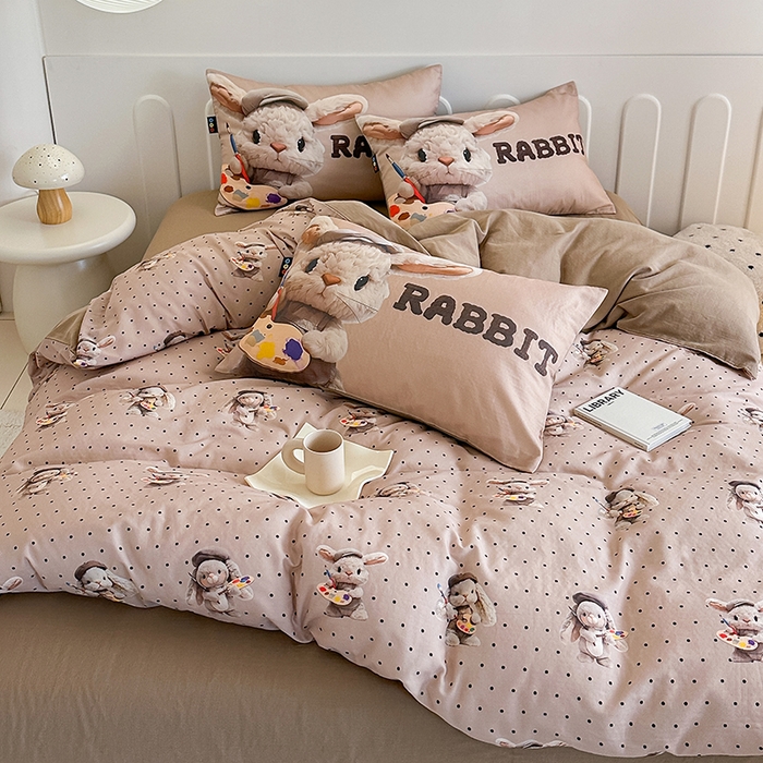 91家纺网 家纺一手货源 找家纺 RYB红黄兰 2025新款ins卡通5D立体数码全棉纯棉有氧双层纱四件套系列 巧克力兔兔