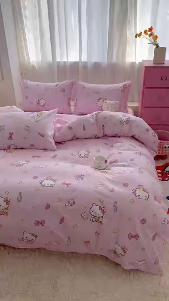 91家纺网 家纺一手货源 找家纺 玉元坊 2025年5月新品三丽鸥全棉床单纯棉床裙床笠三四件套简约基础款式-凯蒂猫简约款式 美美凯蒂【简约款】