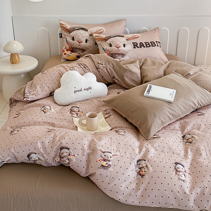 91家纺网 家纺一手货源 找家纺 RYB红黄兰 2025新款ins卡通5D立体数码全棉纯棉有氧双层纱四件套系列 巧克力兔兔