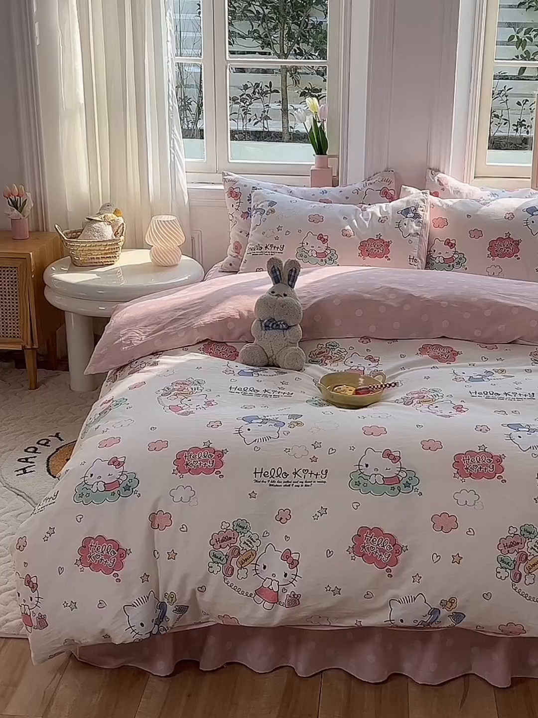 91家纺网 家纺一手货源 找家纺 玉元坊 2025年5月新品三丽鸥全棉床单纯棉床裙床笠三四件套简约基础款式-凯蒂猫简约款式 甜心kt【简约款】