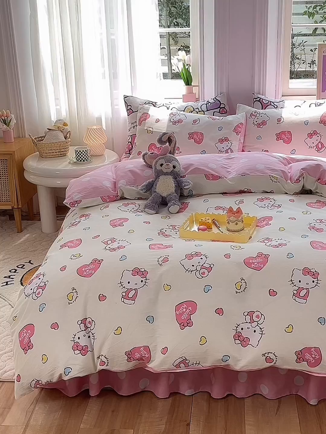 91家纺网 家纺一手货源 找家纺 玉元坊 2025年5月新品三丽鸥全棉床单纯棉床裙床笠三四件套简约基础款式-凯蒂猫简约款式 公主kt【简约款】