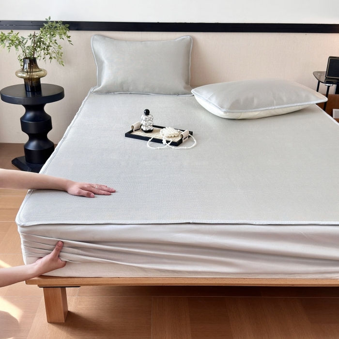 91家纺网 家纺一手货源 找家纺 乐居家纺 2025新款A类碳光抗菌凉感可水洗冰丝凉席席子床笠款 灰色