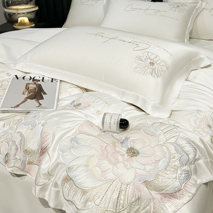 91家纺网 家纺一手货源 找家纺 （总）欧乐蒂 2025新款水洗冰丝刺绣四件套-花颜