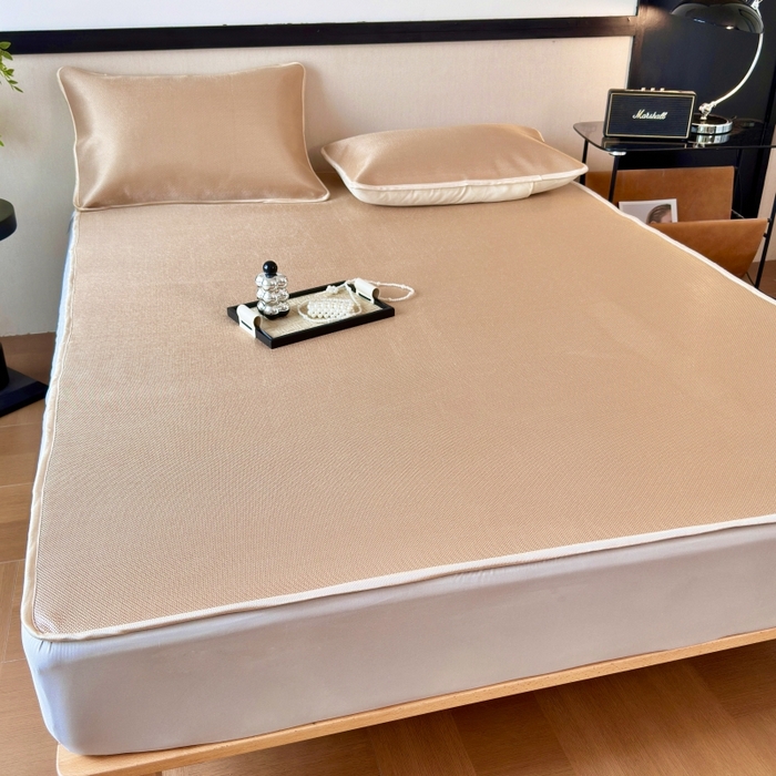 91家纺网 家纺一手货源 找家纺 乐居家纺 2025新款A类碳光抗菌凉感可水洗冰丝凉席席子床笠款 咖色