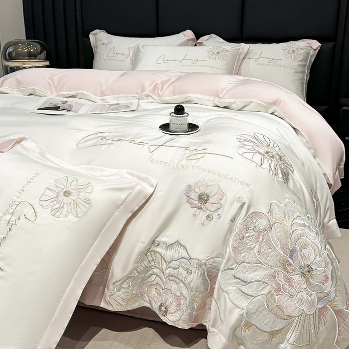 91家纺网 家纺一手货源 找家纺 欧乐蒂 2025新款水洗冰丝刺绣四件套-花颜 花颜-白桃