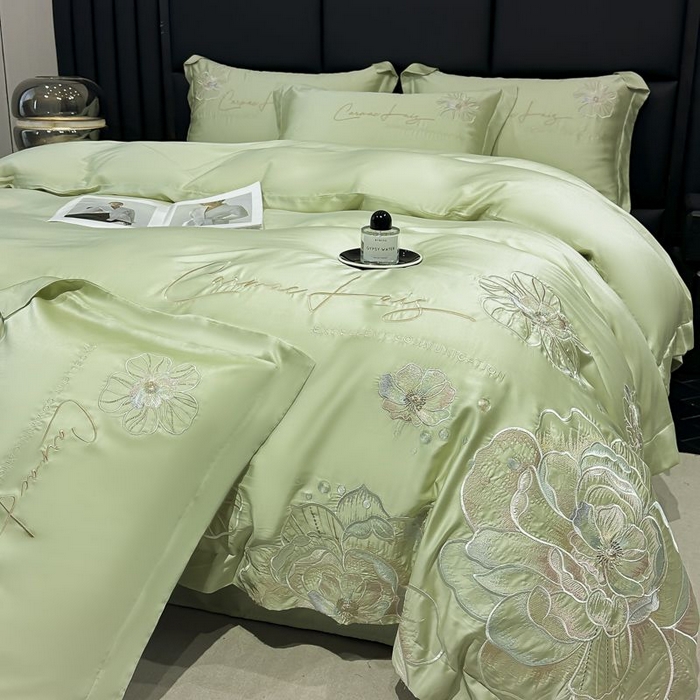 91家纺网 家纺一手货源 找家纺 欧乐蒂 2025新款水洗冰丝刺绣四件套-花颜 花颜-抹茶绿