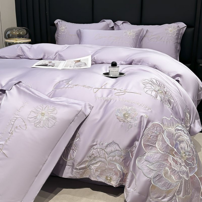 91家纺网 家纺一手货源 找家纺 欧乐蒂 2025新款水洗冰丝刺绣四件套-花颜 花颜-芋紫