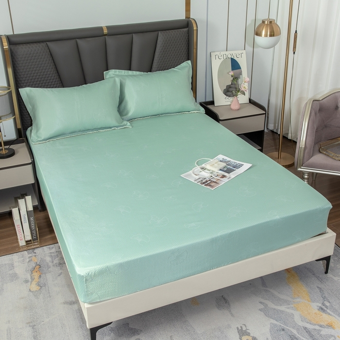 乐居家纺 2025新款A类凉感纤维凉豆豆可水洗冰丝凉席席子床笠款 水绿-银杏叶