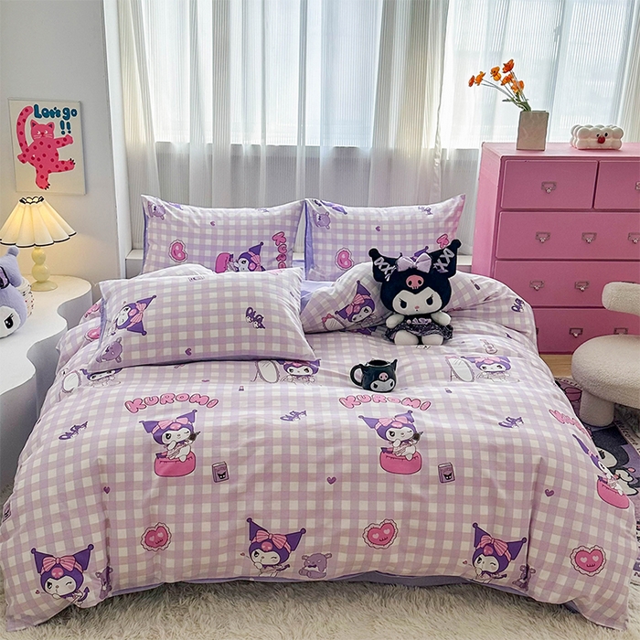 91家纺网 家纺一手货源 找家纺 （总）玉元坊 2025年5月新品三丽鸥全棉床单纯棉床裙床笠三四件套简约基础款式-库洛米简约款式