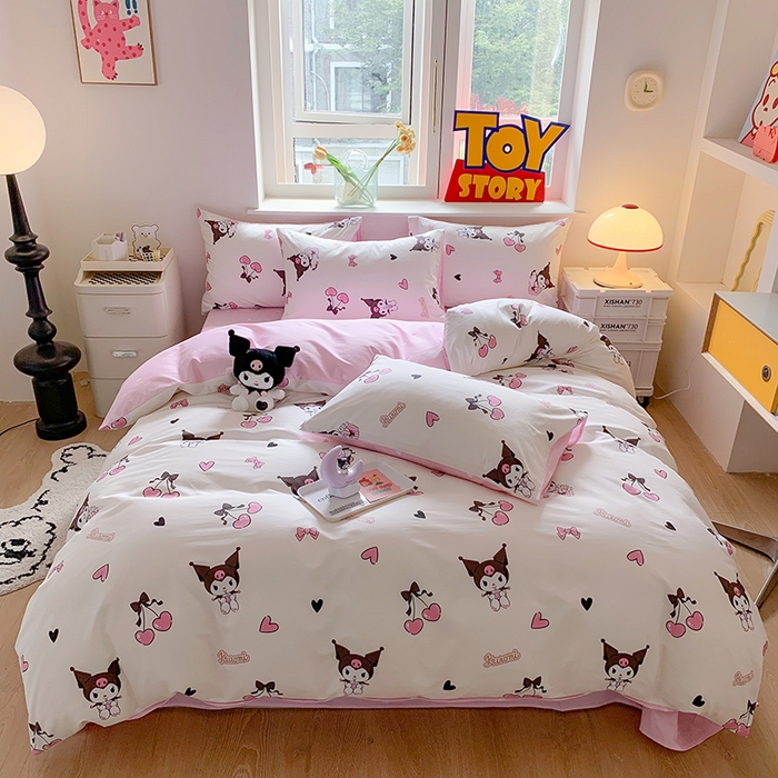 玉元坊 2025年5月新品三丽鸥全棉床单纯棉床裙床笠三四件套简约基础款式-库洛米简约款式 樱桃库洛米【简约款】