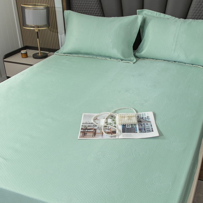 91家纺网 家纺一手货源 找家纺 乐居家纺 2025新款A类凉感纤维凉豆豆可水洗冰丝凉席席子床笠款 水绿-银杏叶