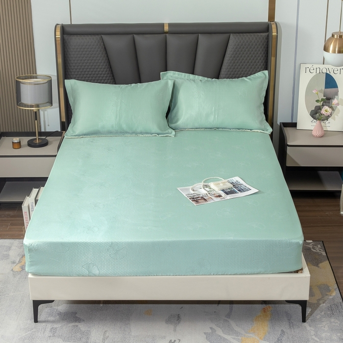 91家纺网 家纺一手货源 找家纺 乐居家纺 2025新款A类凉感纤维凉豆豆可水洗冰丝凉席席子床笠款 水绿-银杏叶