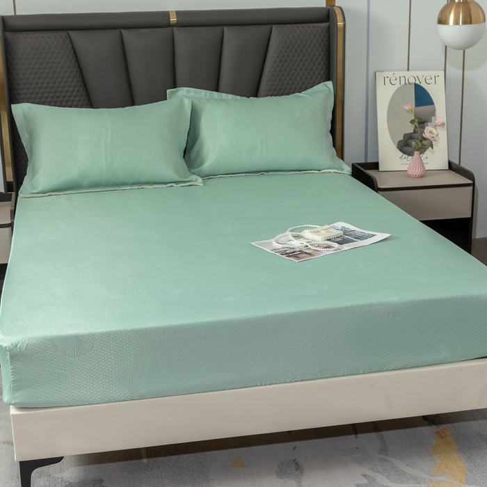 91家纺网 家纺一手货源 找家纺 乐居家纺 2025新款A类凉感纤维凉豆豆可水洗冰丝凉席席子床笠款 水绿-银杏叶