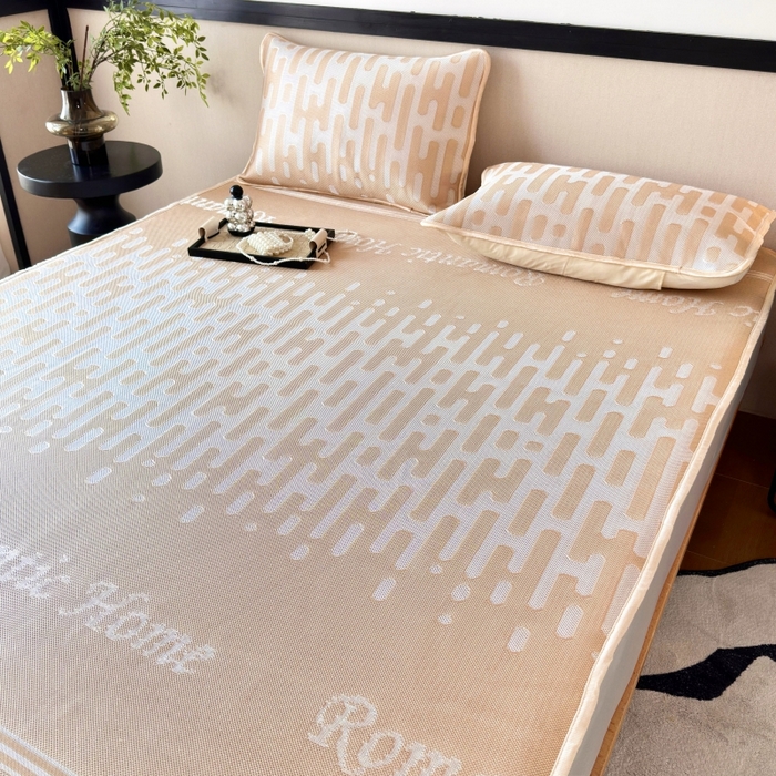 91家纺网 家纺一手货源 找家纺 乐居家纺 2025新款A类碳光抗菌凉感可水洗冰丝凉席席子床笠款 浪漫之家-咖