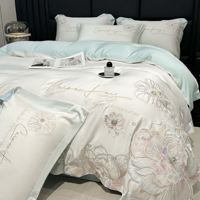 欧乐蒂 2025新款水洗冰丝刺绣四件套-花颜 花颜-白兰