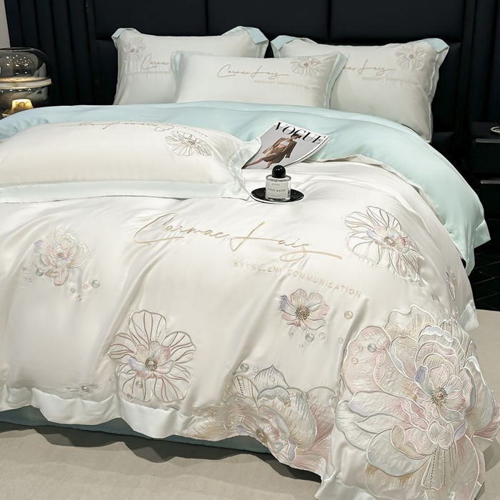 91家纺网 家纺一手货源 找家纺 欧乐蒂 2025新款水洗冰丝刺绣四件套-花颜 花颜-白兰