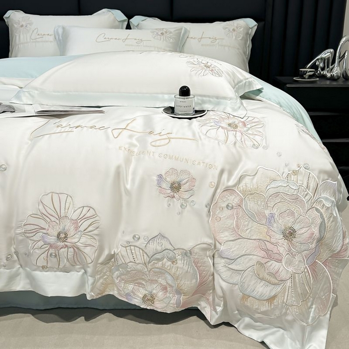 91家纺网 家纺一手货源 找家纺 欧乐蒂 2025新款水洗冰丝刺绣四件套-花颜 花颜-白兰