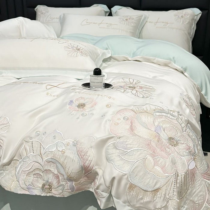 91家纺网 家纺一手货源 找家纺 欧乐蒂 2025新款水洗冰丝刺绣四件套-花颜 花颜-白兰