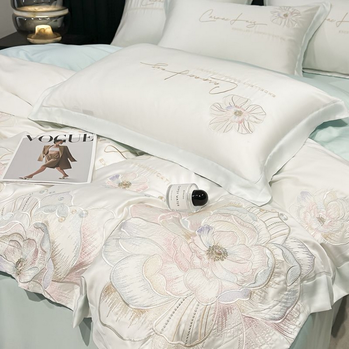 91家纺网 家纺一手货源 找家纺 欧乐蒂 2025新款水洗冰丝刺绣四件套-花颜 花颜-白兰