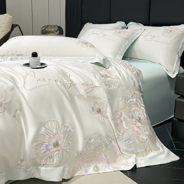 91家纺网 家纺一手货源 找家纺 欧乐蒂 2025新款水洗冰丝刺绣四件套-花颜 花颜-白兰