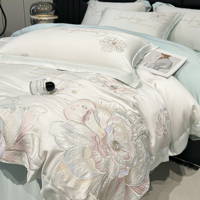 91家纺网 家纺一手货源 找家纺 欧乐蒂 2025新款水洗冰丝刺绣四件套-花颜 花颜-白兰