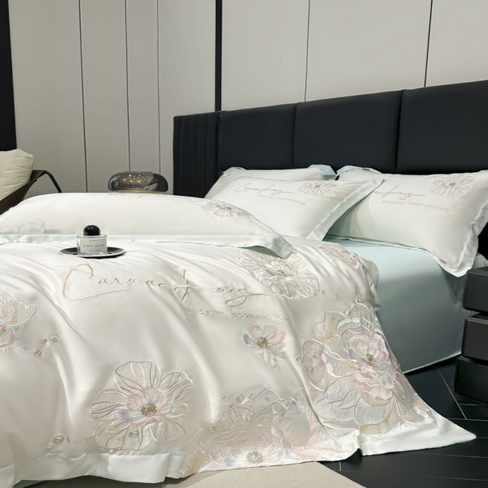 91家纺网 家纺一手货源 找家纺 欧乐蒂 2025新款水洗冰丝刺绣四件套-花颜 花颜-白兰