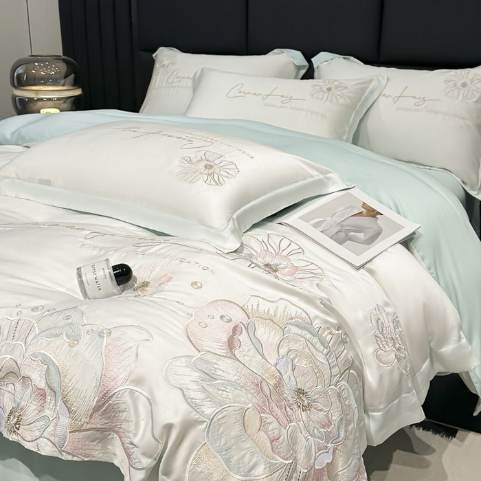 91家纺网 家纺一手货源 找家纺 欧乐蒂 2025新款水洗冰丝刺绣四件套-花颜 花颜-白兰