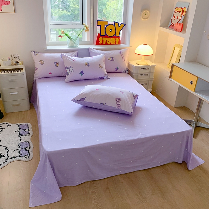 91家纺网 家纺一手货源 找家纺 玉元坊 2025年5月新品三丽鸥全棉床单纯棉床裙床笠三四件套简约基础款式-库洛米简约款式 甜甜库洛米【简约款】