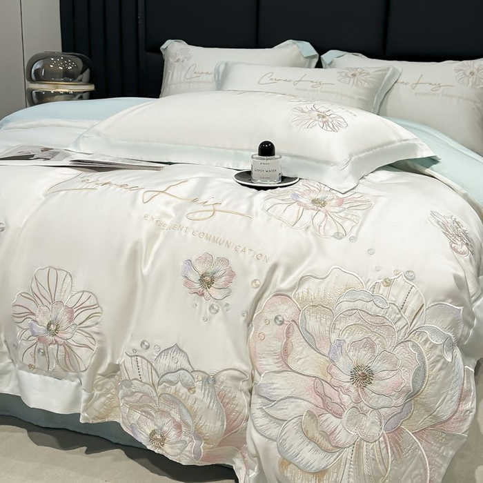 91家纺网 家纺一手货源 找家纺 欧乐蒂 2025新款水洗冰丝刺绣四件套-花颜 花颜-白兰