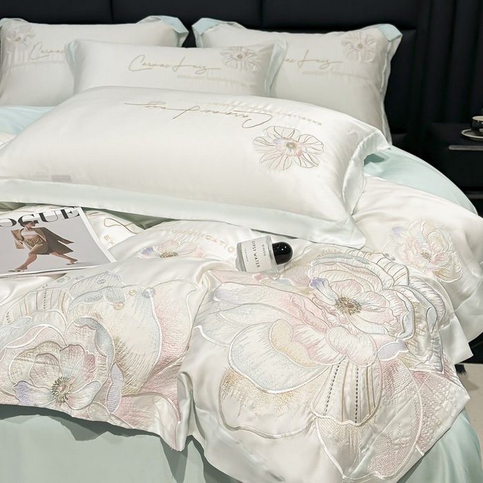 91家纺网 家纺一手货源 找家纺 欧乐蒂 2025新款水洗冰丝刺绣四件套-花颜 花颜-白兰
