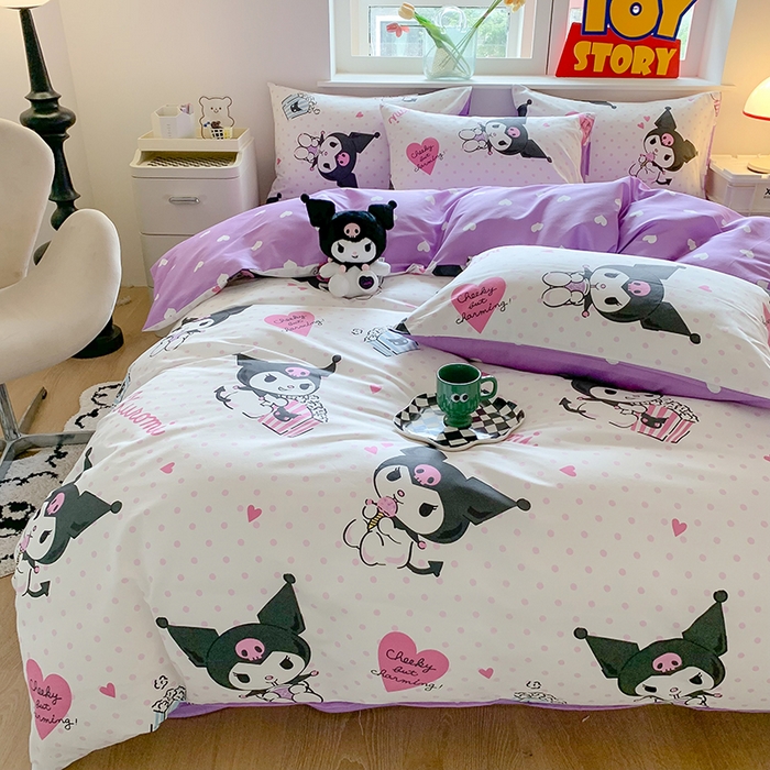 91家纺网 家纺一手货源 找家纺 玉元坊 2025年5月新品三丽鸥全棉床单纯棉床裙床笠三四件套简约基础款式-库洛米简约款式 甜筒库洛米【简约款】