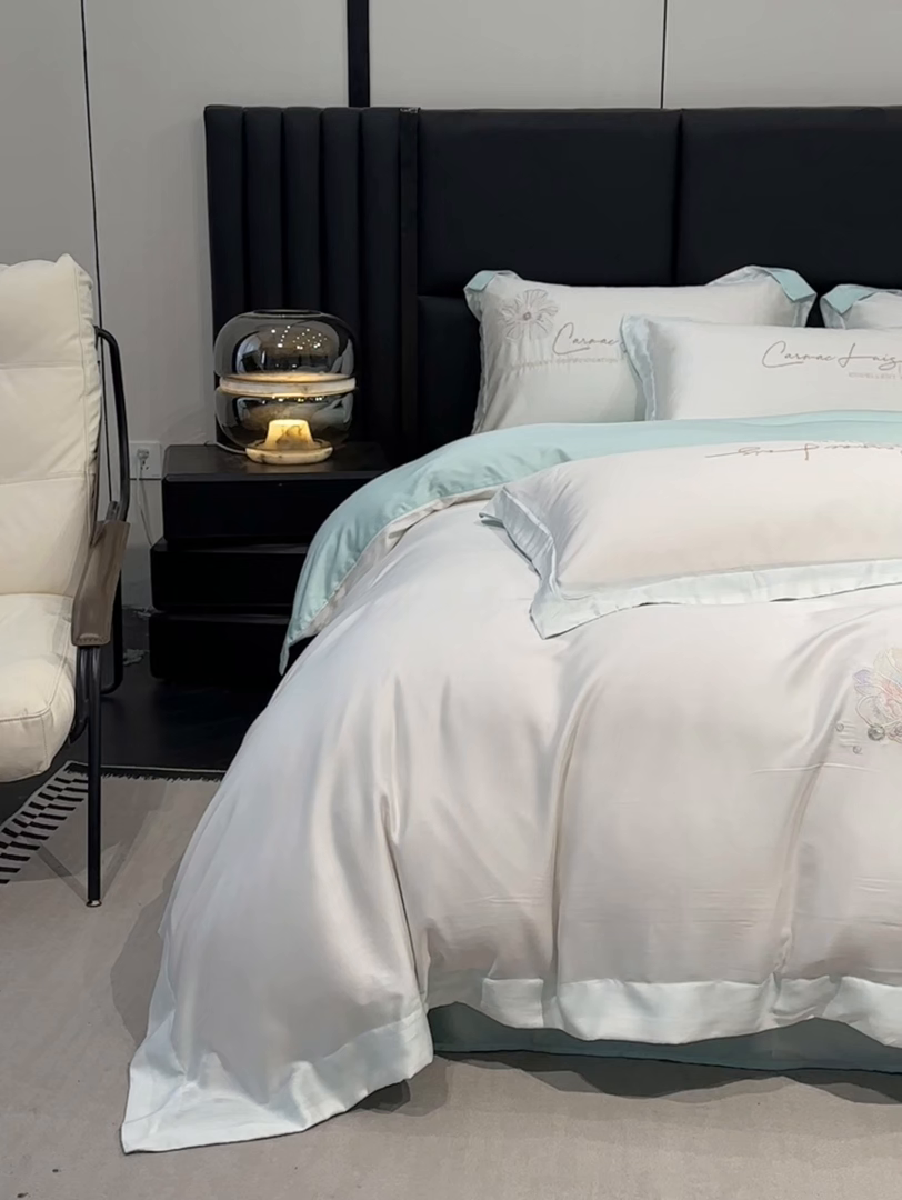 91家纺网 家纺一手货源 找家纺 欧乐蒂 2025新款水洗冰丝刺绣四件套-花颜 花颜-白兰