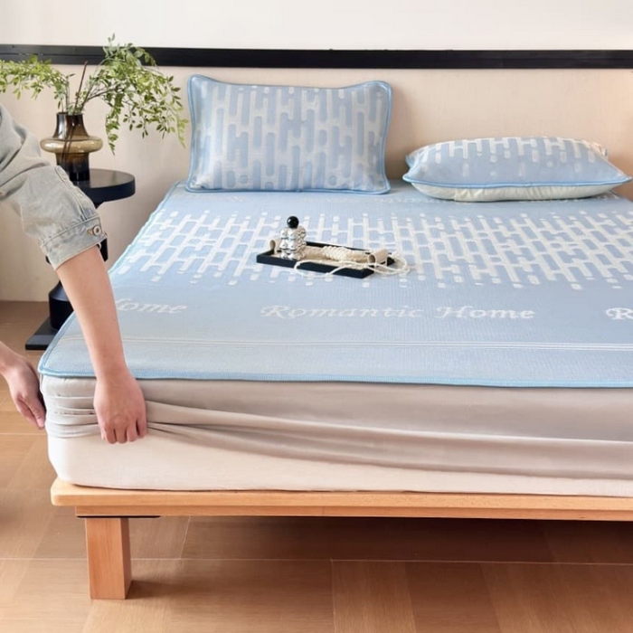 91家纺网 家纺一手货源 找家纺 乐居家纺 2025新款A类碳光抗菌凉感可水洗冰丝凉席席子床笠款 浪漫之家-蓝