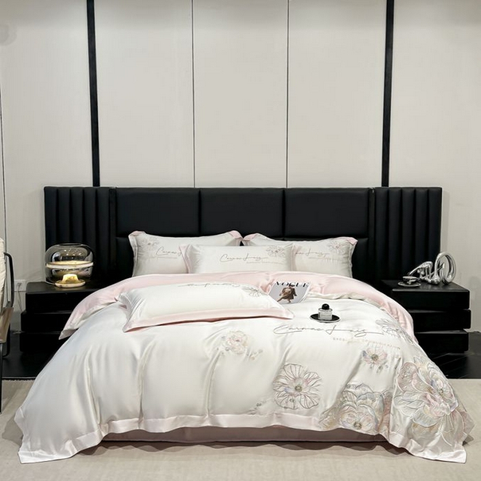 91家纺网 家纺一手货源 找家纺 欧乐蒂 2025新款水洗冰丝刺绣四件套-花颜 花颜-白桃