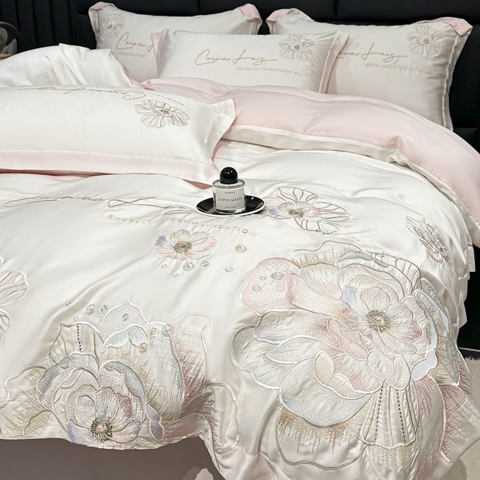 91家纺网 家纺一手货源 找家纺 欧乐蒂 2025新款水洗冰丝刺绣四件套-花颜 花颜-白桃