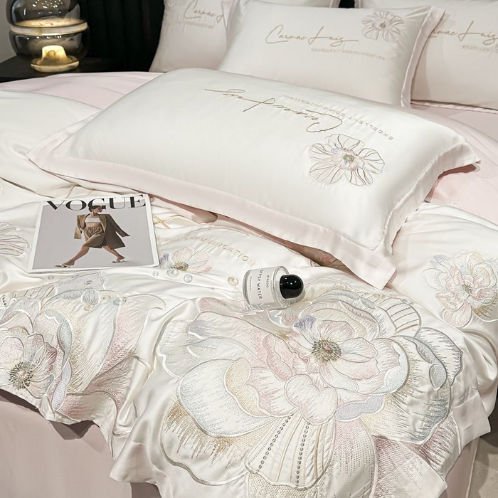 91家纺网 家纺一手货源 找家纺 欧乐蒂 2025新款水洗冰丝刺绣四件套-花颜 花颜-白桃