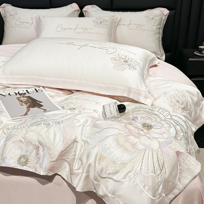 91家纺网 家纺一手货源 找家纺 欧乐蒂 2025新款水洗冰丝刺绣四件套-花颜 花颜-白桃