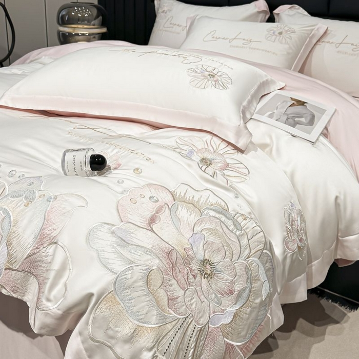 91家纺网 家纺一手货源 找家纺 欧乐蒂 2025新款水洗冰丝刺绣四件套-花颜 花颜-白桃