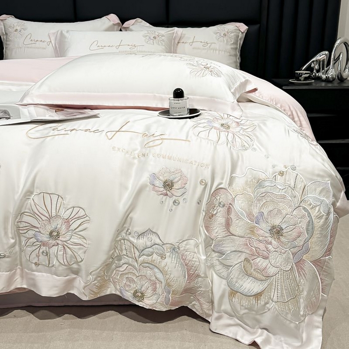 91家纺网 家纺一手货源 找家纺 欧乐蒂 2025新款水洗冰丝刺绣四件套-花颜 花颜-白桃