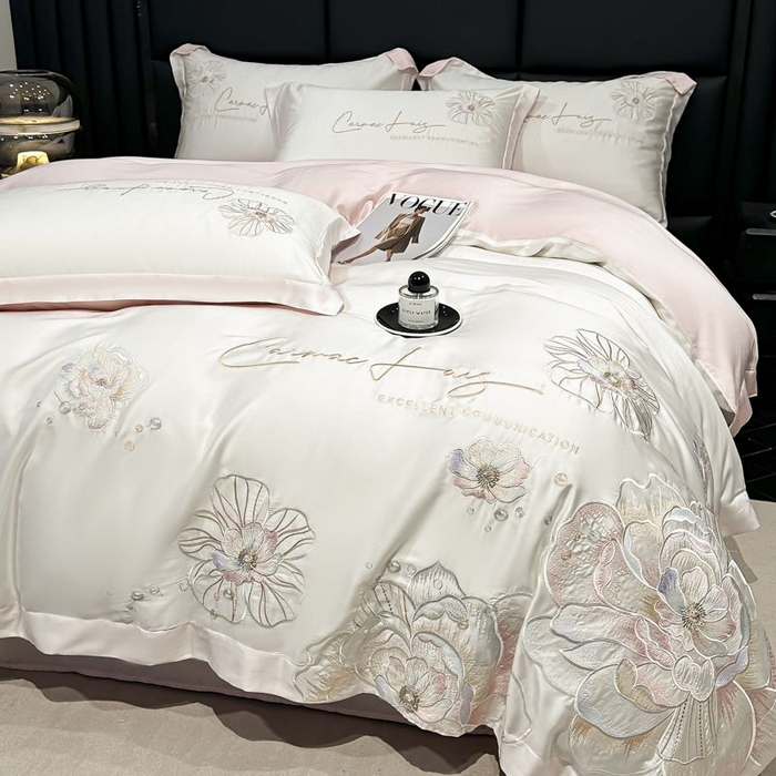 91家纺网 家纺一手货源 找家纺 欧乐蒂 2025新款水洗冰丝刺绣四件套-花颜 花颜-白桃