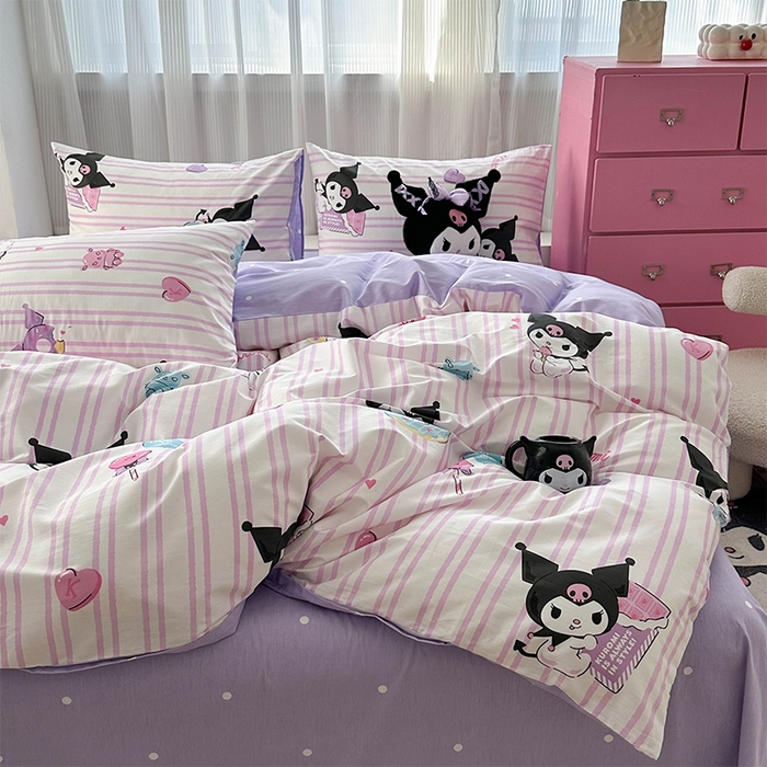 91家纺网 家纺一手货源 找家纺 玉元坊 2025年5月新品三丽鸥全棉床单纯棉床裙床笠三四件套简约基础款式-库洛米简约款式 库洛米条纹【简约款】