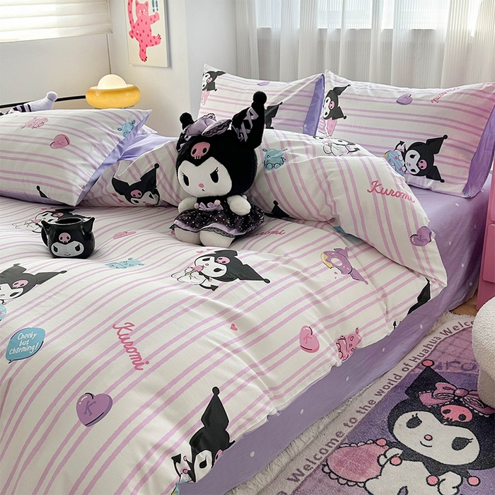 91家纺网 家纺一手货源 找家纺 玉元坊 2025年5月新品三丽鸥全棉床单纯棉床裙床笠三四件套简约基础款式-库洛米简约款式 库洛米条纹【简约款】