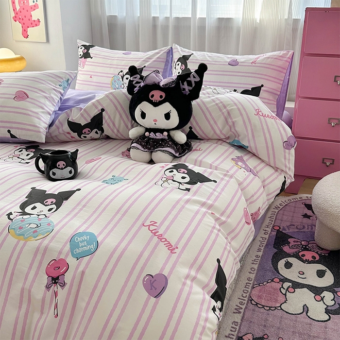 91家纺网 家纺一手货源 找家纺 玉元坊 2025年5月新品三丽鸥全棉床单纯棉床裙床笠三四件套简约基础款式-库洛米简约款式 库洛米条纹【简约款】