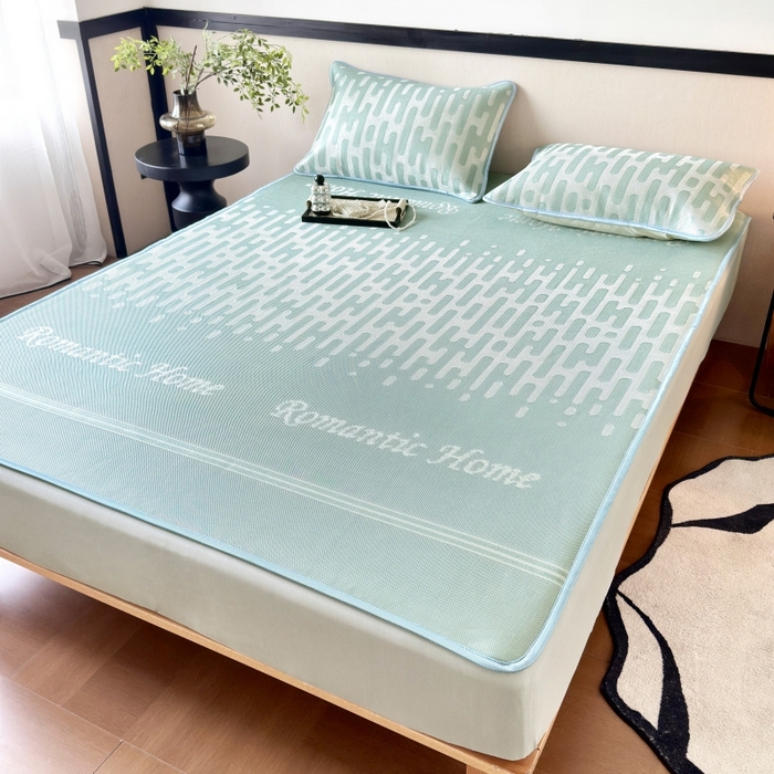 91家纺网 家纺一手货源 找家纺 乐居家纺 2025新款A类碳光抗菌凉感可水洗冰丝凉席席子床笠款 浪漫之家-绿