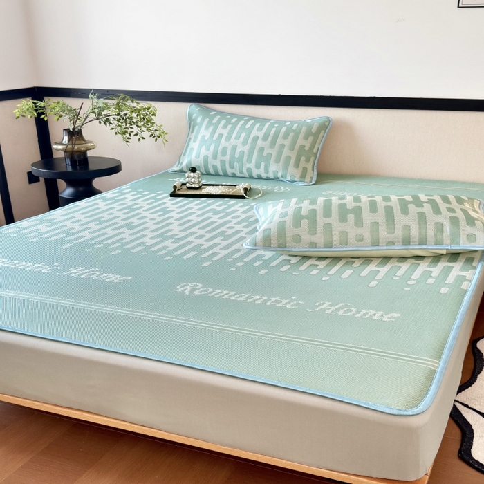 91家纺网 家纺一手货源 找家纺 乐居家纺 2025新款A类碳光抗菌凉感可水洗冰丝凉席席子床笠款 浪漫之家-绿