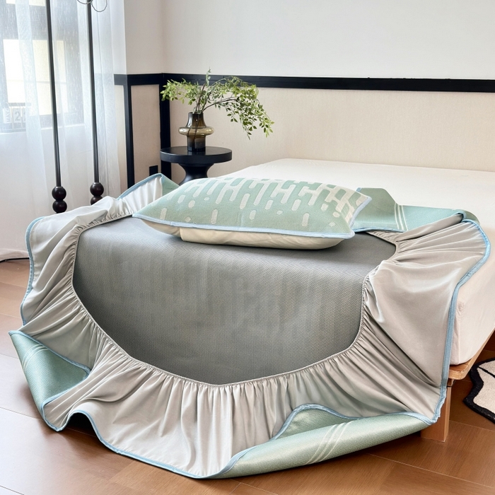 91家纺网 家纺一手货源 找家纺 乐居家纺 2025新款A类碳光抗菌凉感可水洗冰丝凉席席子床笠款 浪漫之家-绿