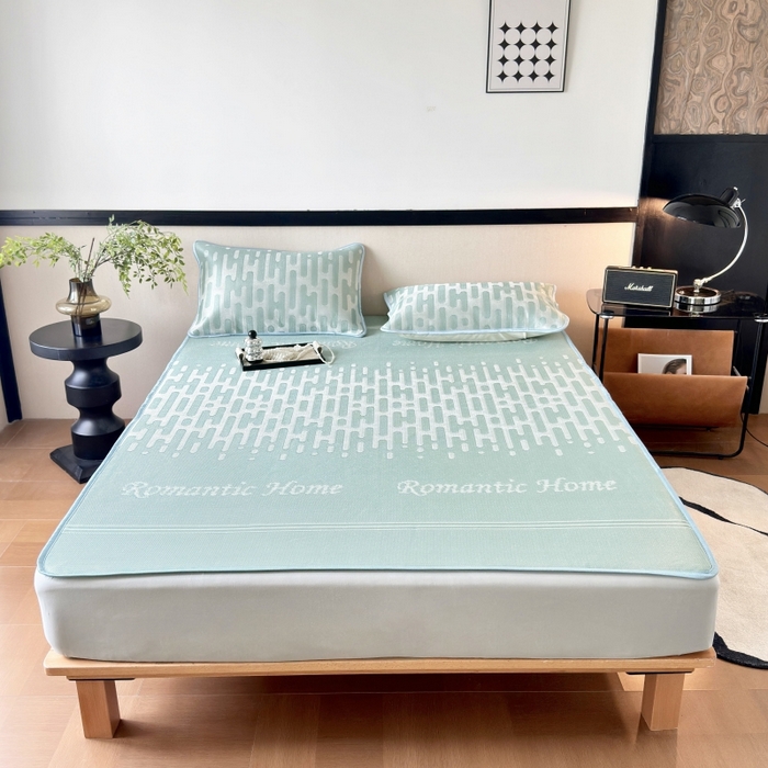 91家纺网 家纺一手货源 找家纺 乐居家纺 2025新款A类碳光抗菌凉感可水洗冰丝凉席席子床笠款 浪漫之家-绿