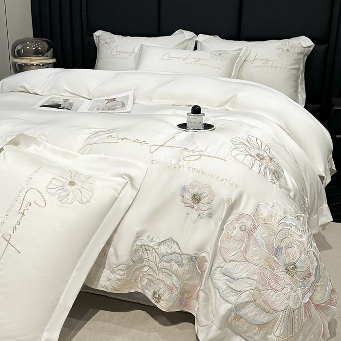 欧乐蒂 2025新款水洗冰丝刺绣四件套-花颜 花颜-典雅白